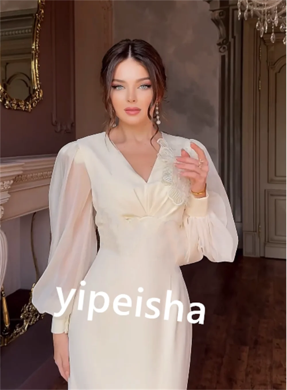 Robe de Fiançailles en Mousseline de Soie Plissée, Sirène, Col en V, sur Mesure, pour Occasions, Mi-Longue