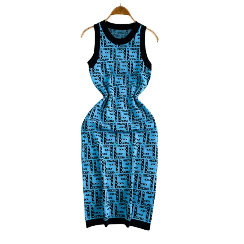 Chic vintage femmes été mince lettre imprimer tricoté moulante midi débardeur fête gaine robes genou longueur sexy club vestidos