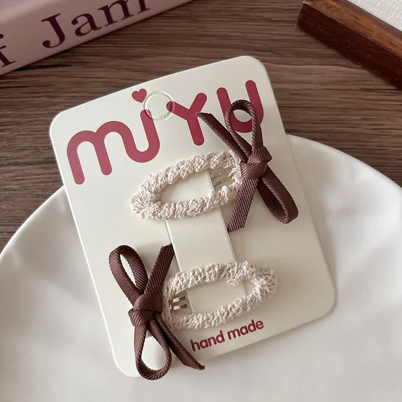 

2pcs Sweet Milk Coffee Hair Clips Cute Bow Flower BB Clips for Girls Non-Slip Fringe Bangs Hair Accessories Kids Barrettes Set