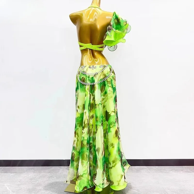 customized belly dance performance costume women oriental print chiffon pearl flower hot stamping bra double slit long skirt set