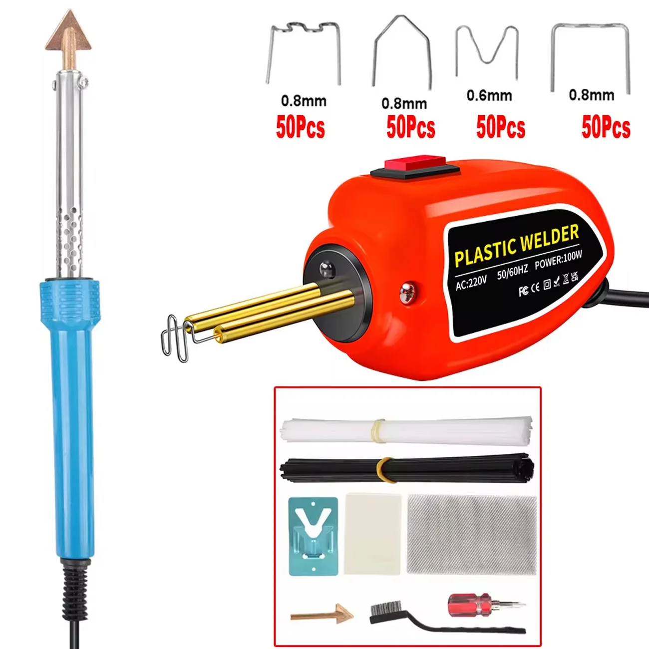 100W Electric Plastic Welding Kit For Bumper & Kayak Repair – Hot Stapler Soldering Iron With 3 Tips, Works On PP, PE, PVC, ABS, Nylon, PC – 110V-220V
