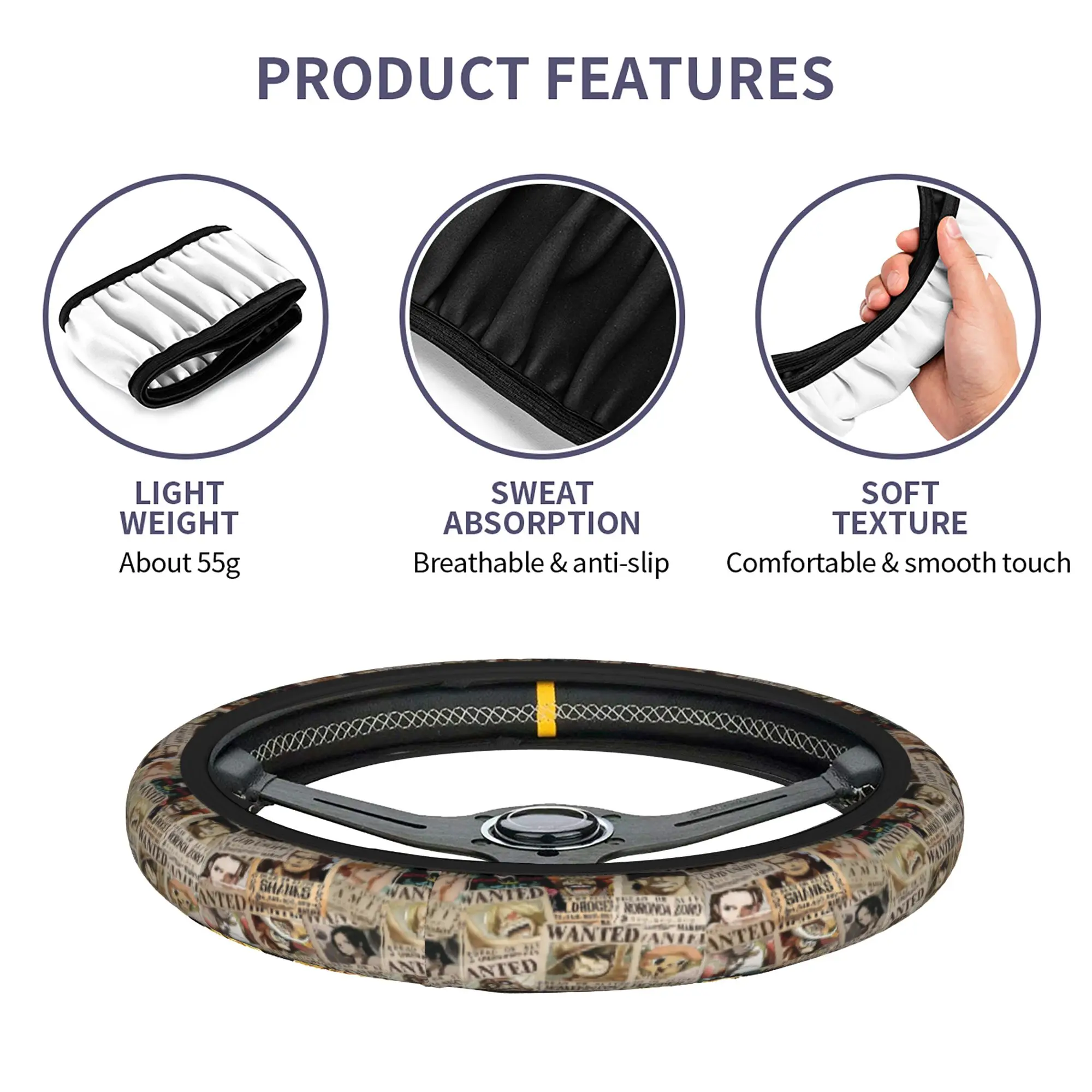 Japanese Anime Car Steering Wheel Cover One Piece Pieces Japan Manga Auto Steering Wheel Protector Car-styling Car Accessories - view 4