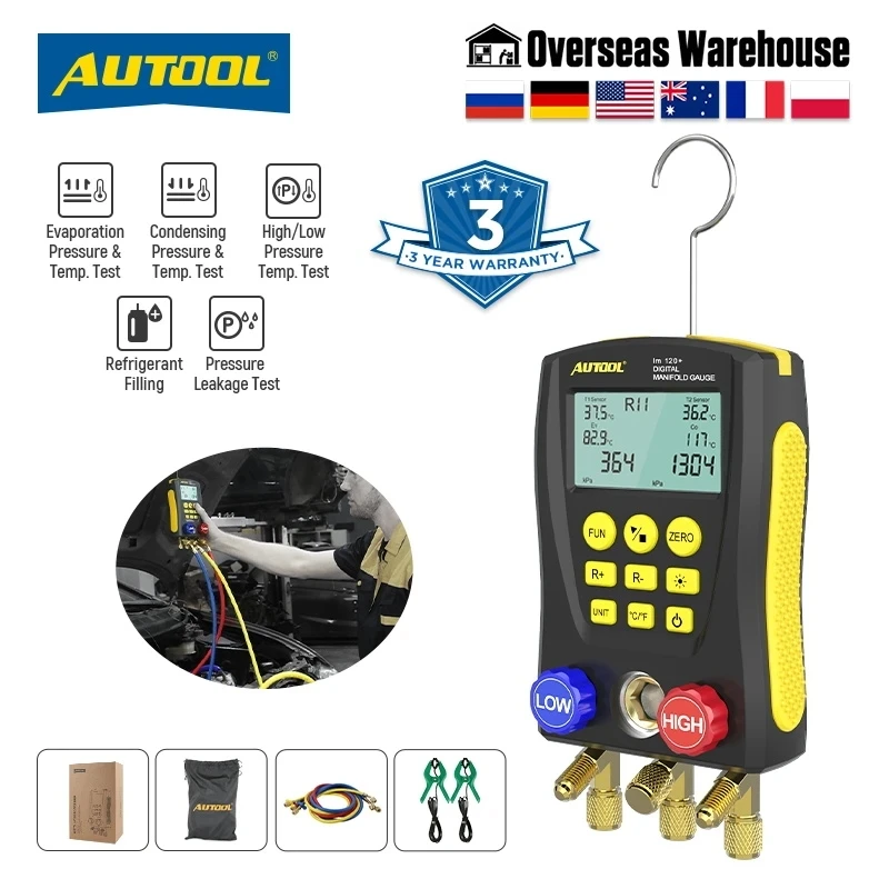 AUTOOL LM120 Plus Refrigeration HVAC Vacuum Digital Manifold Meter Air Conditioning Vacuum Gauge Pressure Temperature Tester