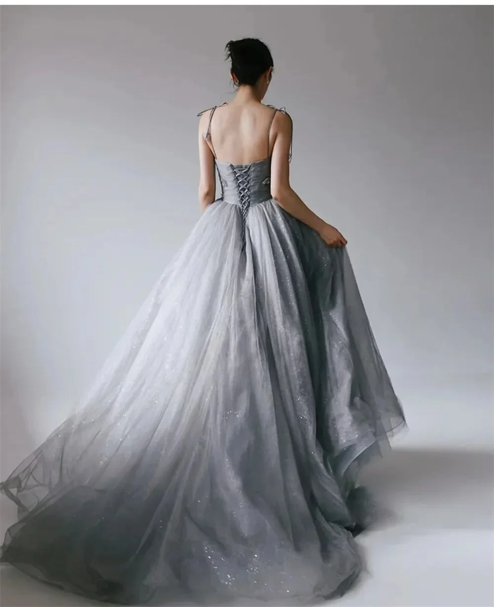 Customized Grey Tulle Bridal Gown Spaghetti Straps Exquisite 3D Floral Applique Back Elegant Party Dress for Wedding Photo Shoot