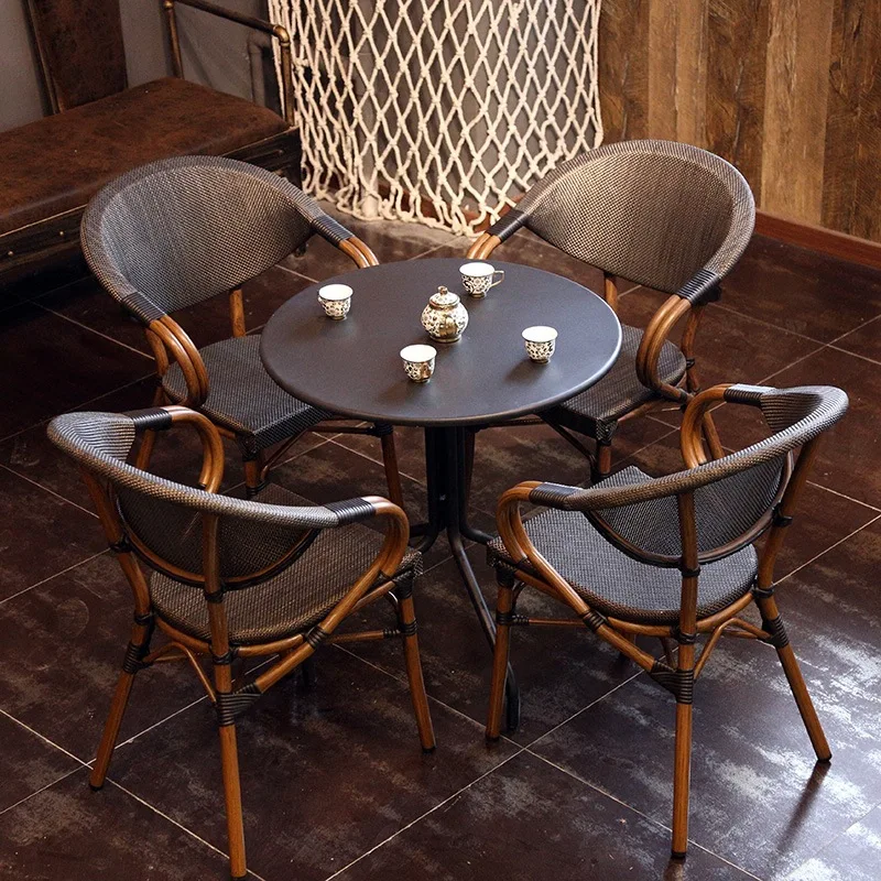 

Outdoor Waterproof French Cafe Rattan Chair Aluminum Frame Brown Stackable Dining Armchair
