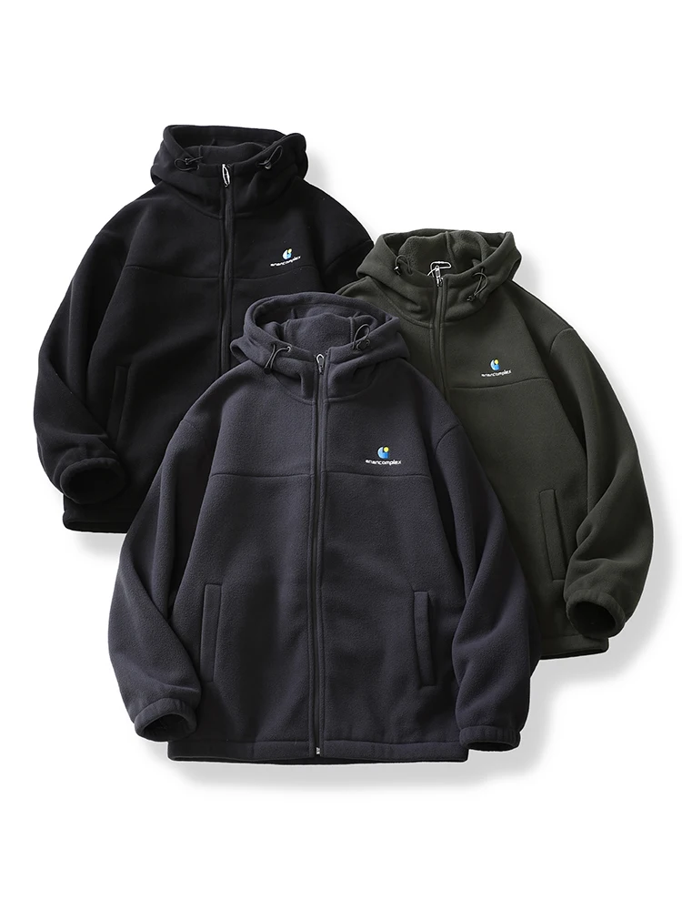 

Retro Spliced Letter Embroidery Fce Warm Hooded Open Cardigan Sweatirt Loose Casual Jaet Men Autumn Winter Streetwear