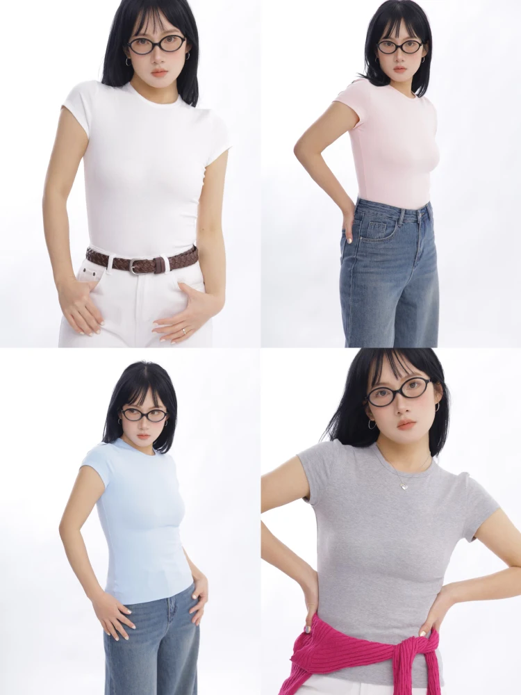 

Эластичная облегающая футболка с круглым вырезом, приятная к телу, однотонная, базовая, для повседневной носки...