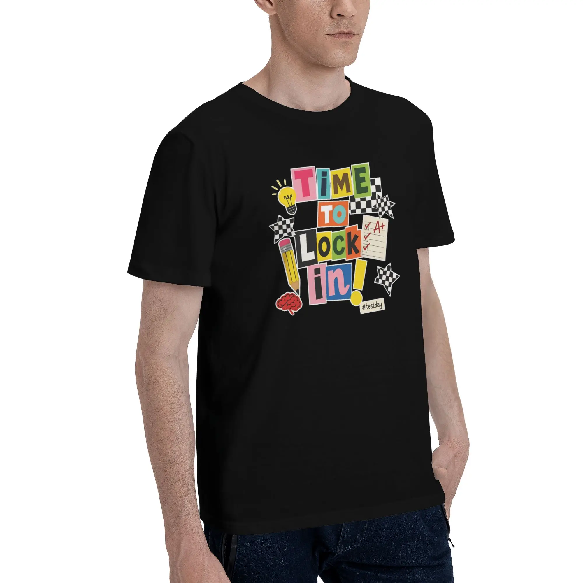 Teacher Motivation Classroom Exam  Men T Shirts time to lock in test day Humorous Tees Short Sleeve Round Collar T-Shirt