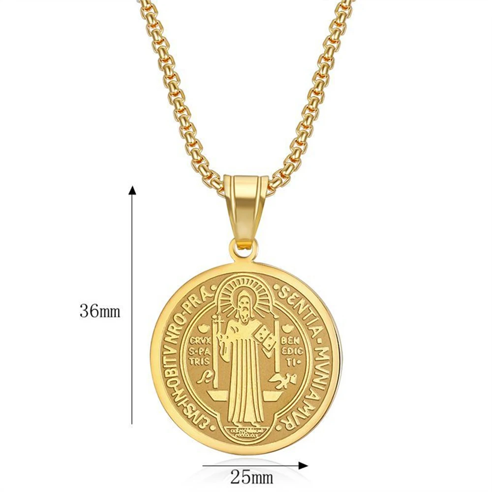 Religious San Benito Holy Medal Pendant Gold Color Stainless Steel Jesus Cross Round Necklace for Women Men Fashion Jewelry Gift