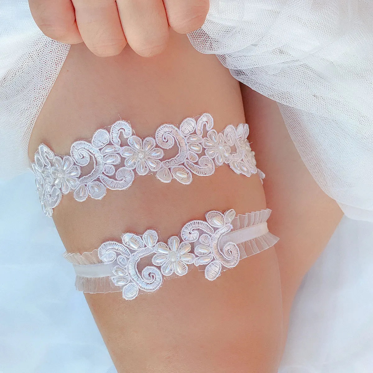 

Sexy Girls Garter Set Bridal Wedding Garters for Bride Dress Party Pearl Sexy Ivory Lace Garter Belt for Women Accessories Gift