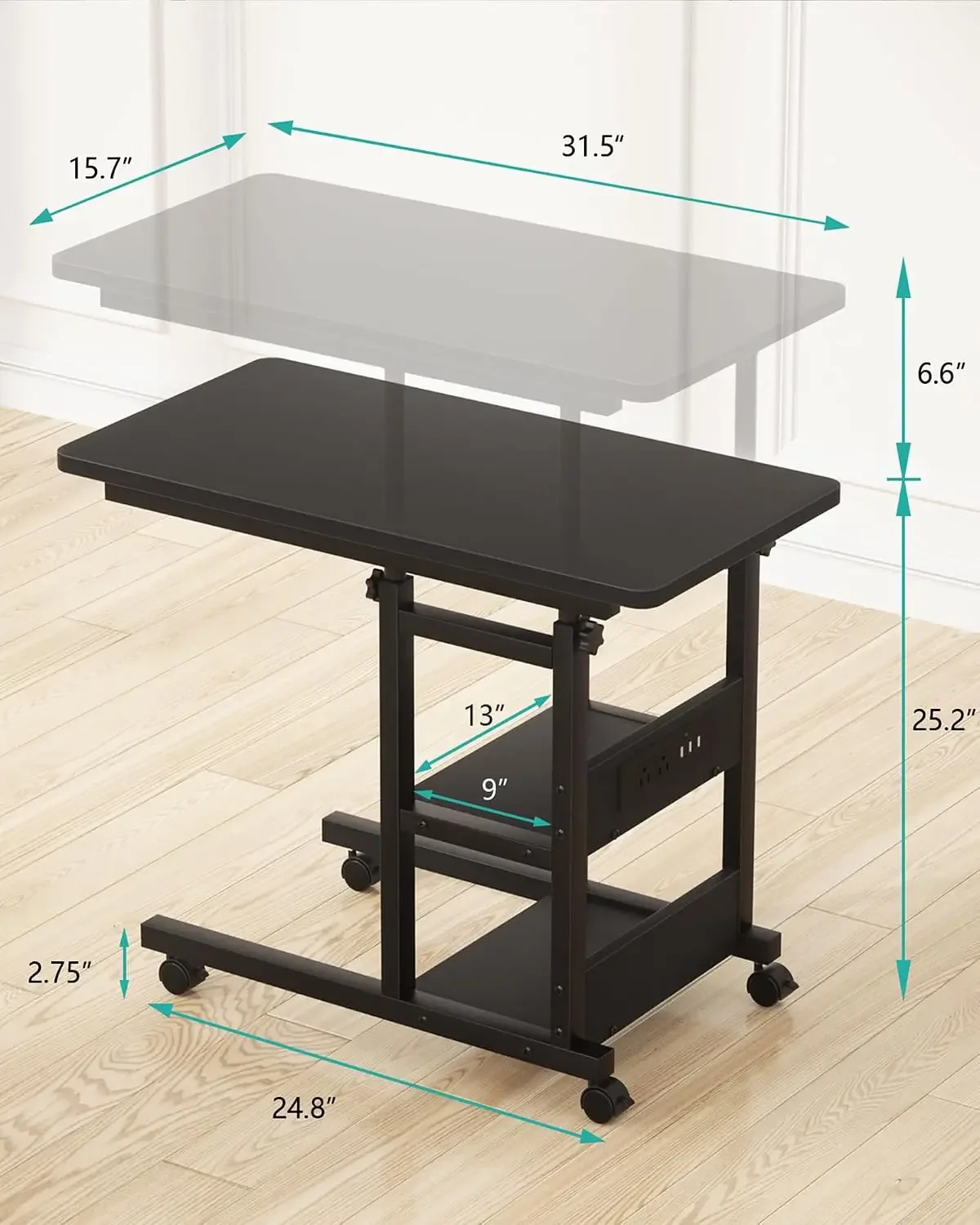 Height Adjustable End Table with Charging Station, Mobile C Shaped Laptop Side Table with Wheels, 3-Tier Sofa Couch Table