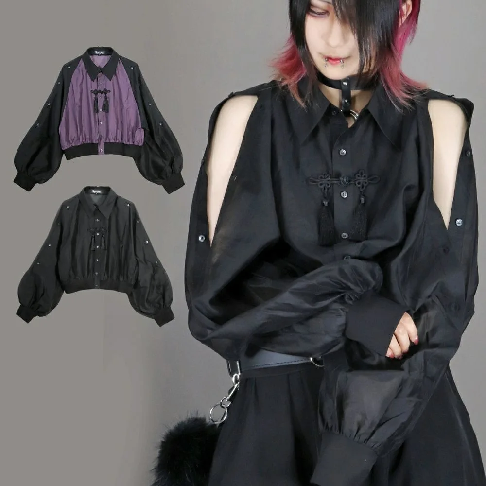 

Dark Gothic Spliced Shirt Jacket Women's Spring Autumn Loose Fit Slimming Top Trendy Commute Style Long Sleeve Collar