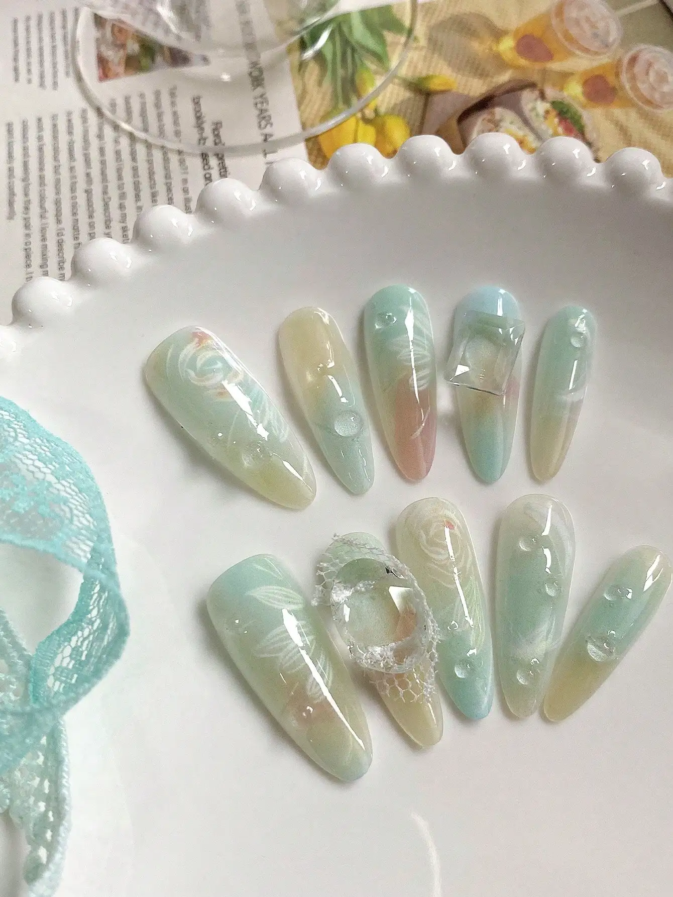 10 Pieces of Handmade Almond-Shaped Full-Cover Nail Tips, Long Almond Shape, Mint Green, Fresh Oil Painting Style, Suitable for Women and Girls, Perfect for Spring Outings, Beach Vacations, and as a Gift for Young Girls, Includes 1 Piece of Jelly Glue and 1 Nail File