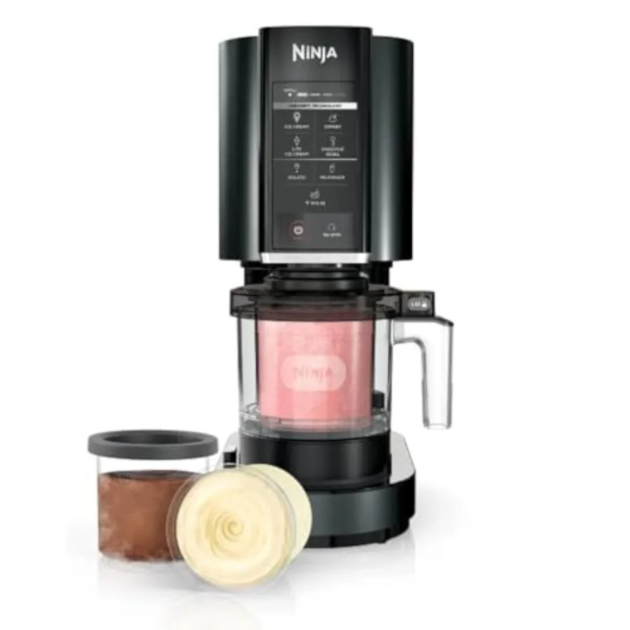 Máquina para hacer helados, sorbetes y batidos CREAMi + 3 recipientes CREAMi para preparar postres caseros, plástico negro con detalles en acero inoxidable
