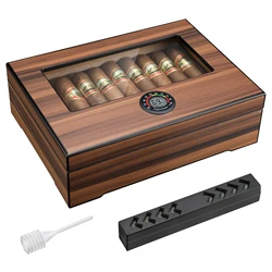 Cigar Humidor Box Cigar Case with Humidifier and Hygrometer, Cedar Wood Cigar Box with Divider, Cigar Gifts Accessories for Men