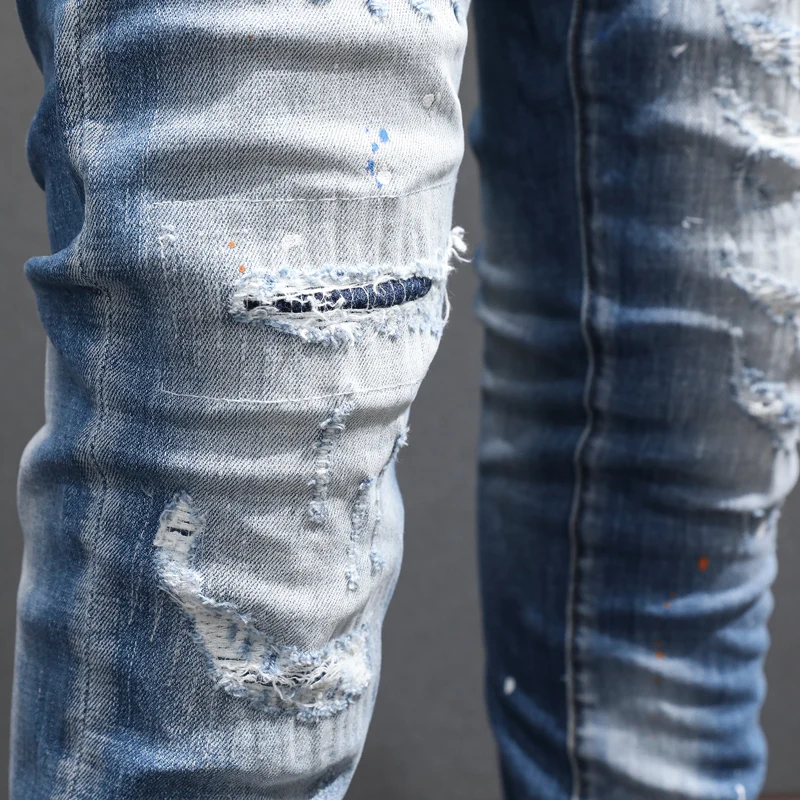 Street Fashion Men Jeans Retro Light Blue Elastic Stretch Skinny Ripped Jeans Men Painted Designer Hip Hop Denim Pants Hombre