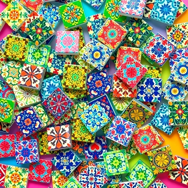 100/200g European-Style Printed Glass Mosaic Material, 2.3*2.3cm Colorful Bohemian Tile Mosaic Pieces, Various Patterns Mixed and Shipped Randomly, Suitable for DIY Mosaic Crafts, Coasters, Candle Holders, Photo Frame Decoration, Decorative Paintings, Surface Patches for Storage Boxes, Cultural and Creative Crafts, Small Soft Furnishings, DIY Materials, Art Transformation