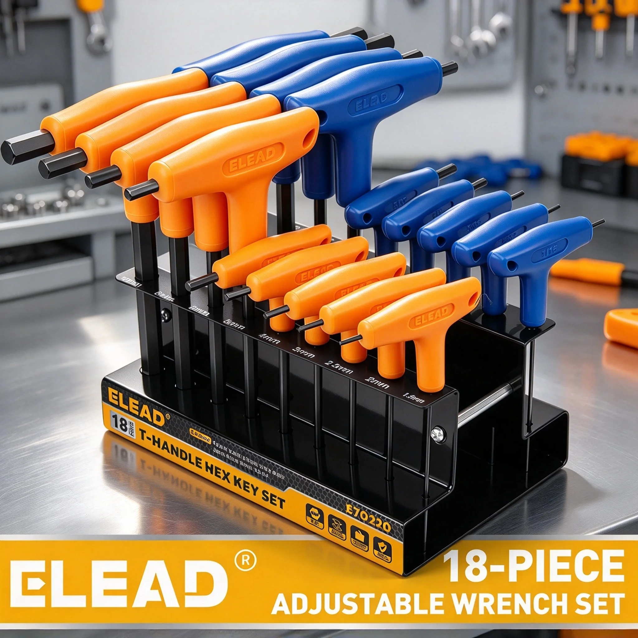 ELEAD 18Pcs T-Handle Hex Wrench Set, Metric & SAE, CR-V Steel W/ Storage Rack, Ergonomic Soft Grip for Repair DIY
