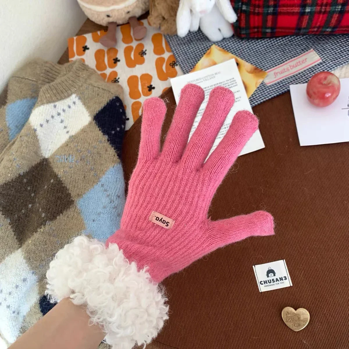 Guantes con bordes de felpa para mujer, manoplas coreanas para pantalla táctil a prueba de frío, accesorios más cálidos de invierno, regalo de Año Nuevo