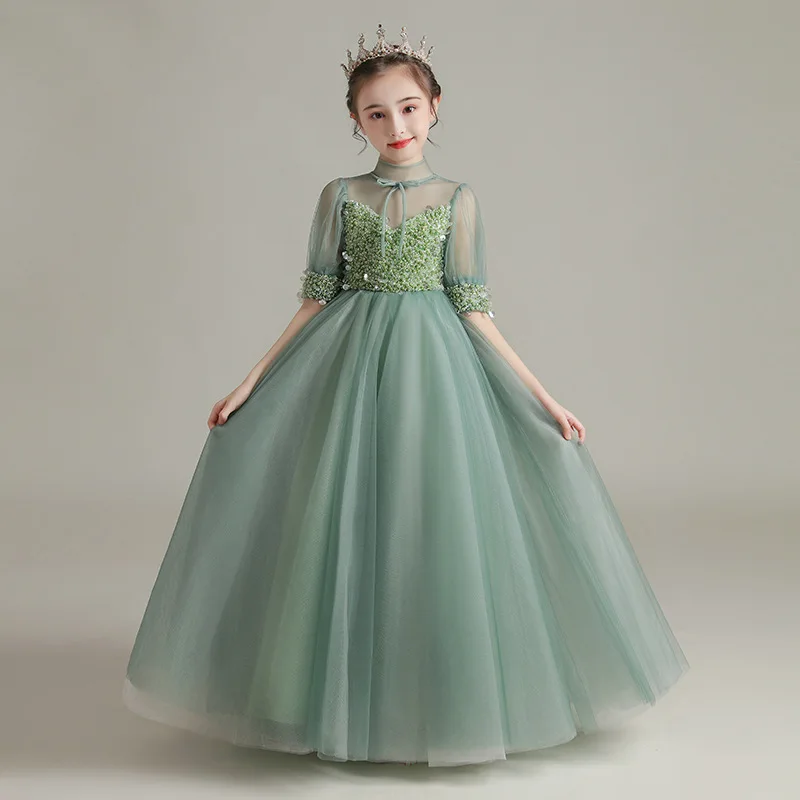 New Beaded Kids Dresses Green elegant Princess Party Pageant Formal long Dress new Girls Dress Teenagers clothing Wedding dress