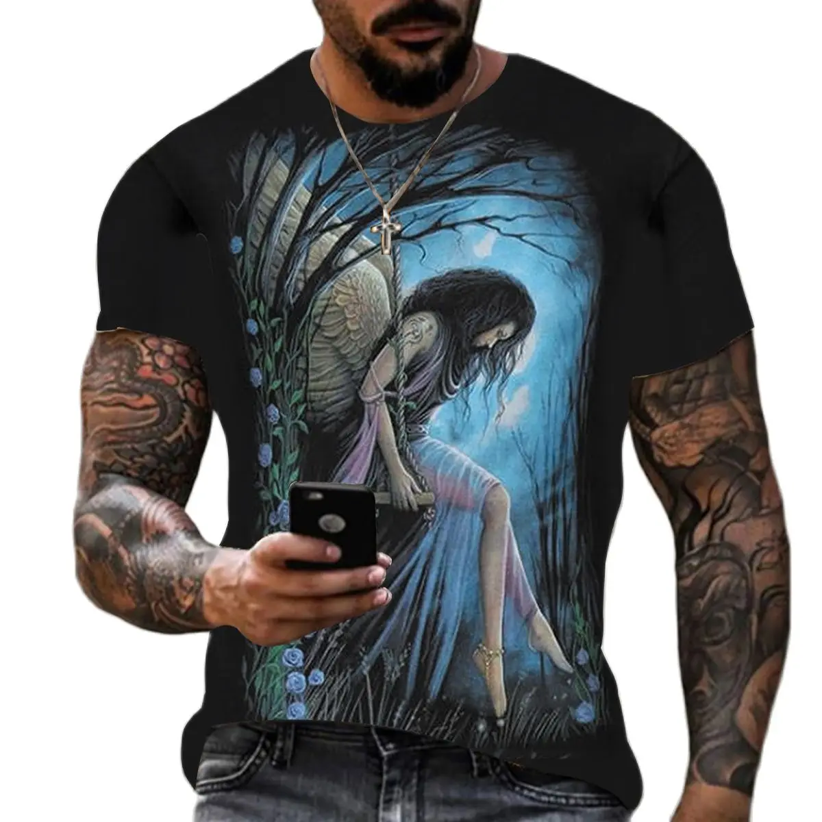 Camiseta masculina plus size com estampa 3D de manga curta, solta e casual, macia, confortável e respirável, adequada para esportes ao ar livre