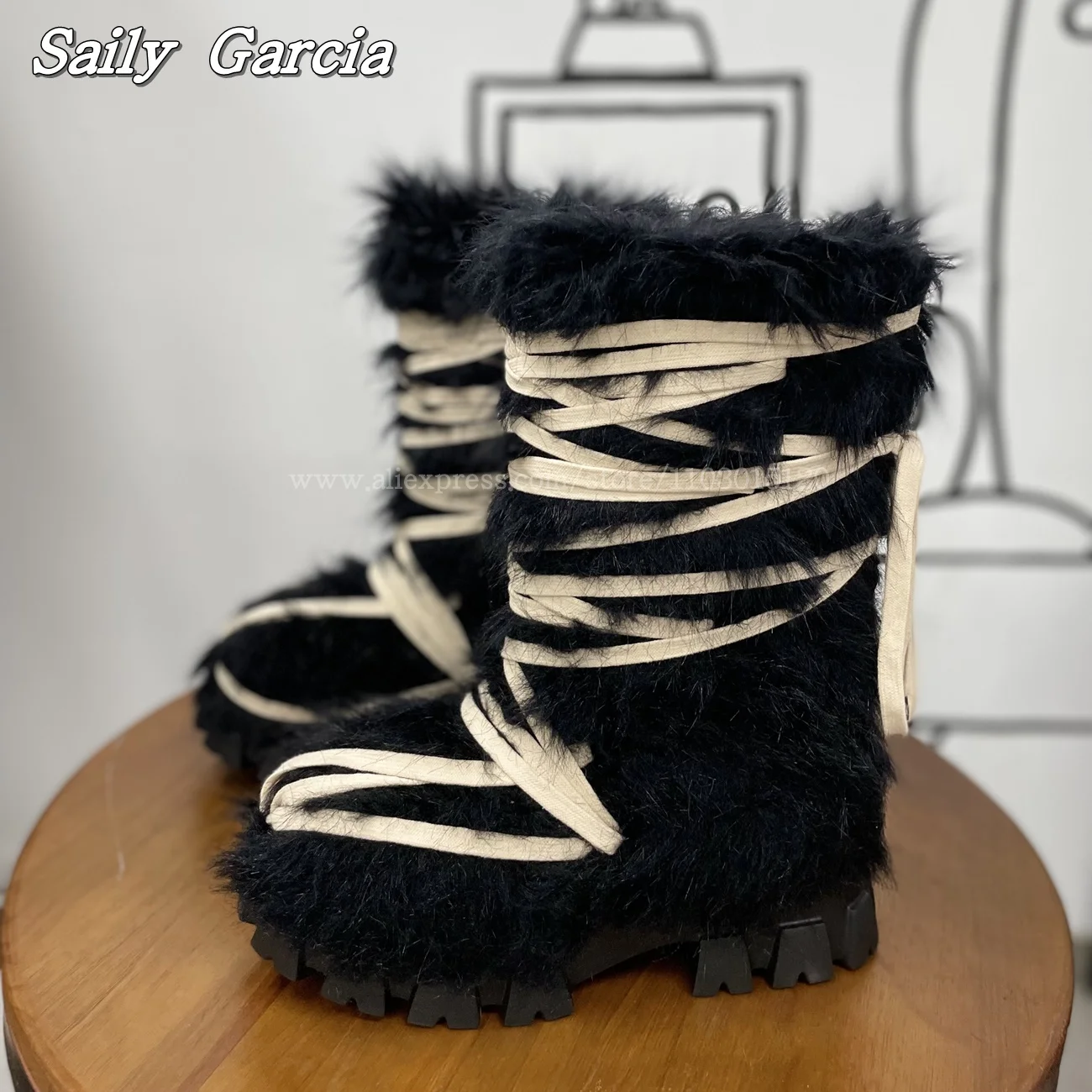 

Black Lace Up Fashion Couple Furry Snow Boots Long Plush Chunky Heel Casual Mid Calf Boots Round Toe Size 33-46 Women/Men Boots