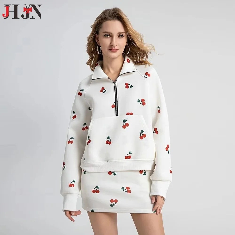 JHJN 2025 New style Women's models Half-body dress Sweatshirt Two sets Trend Cherry Printed Collar half zip Sweatshirt set Suits