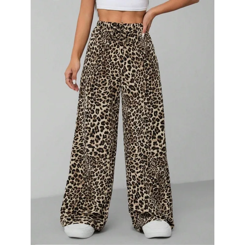 플러스 사이즈 1XL-5XL 새로운 여성 패션 캐주얼 레오파드 프린트 와이드 레그 팬츠 하이 웨이스트 루즈핏 캐주얼 드레이핑 바지