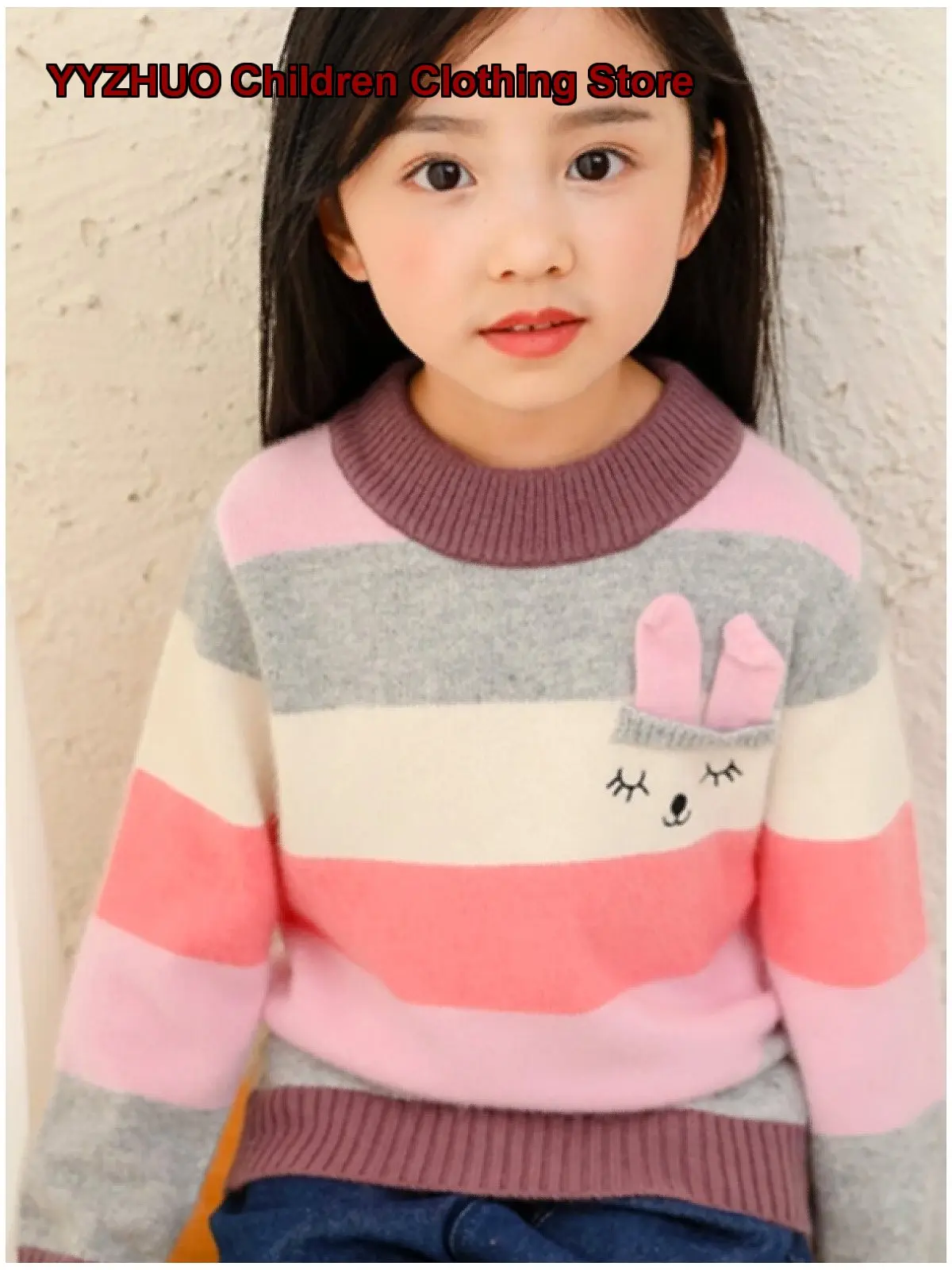 Girls Rabbit Pattern Pocket Knit Top Cashmere Mixed Colors Thickened Warm Toddler Kids