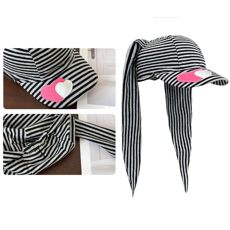 340D Subcultural Rabbits Ear Baseball Hat With Heart Stripes Design for Everyday Wear