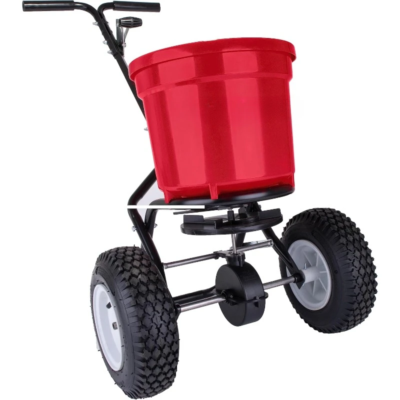 50 LB (22 KG) Commercial Broadcast Fertilizer Spreader. Red, Heavy-Duty Walk-Behind Push Garden Seeder with Adjustable Drop Rate