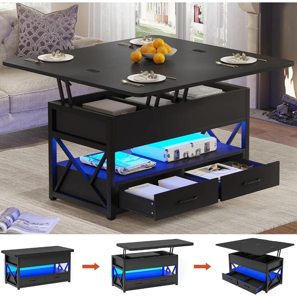 

40" Lift Top Coffee Table with 2 Drawers &LED Light, 4 in 1 Coffee Table (Black)