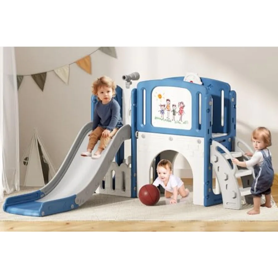 

Крытая и уличная игровая площадка 9 в 1, горка для малышей от 1 до 3 лет с альпинистским баскетбольным кольцом, телескопическая доска для рисования и хранилище Sp