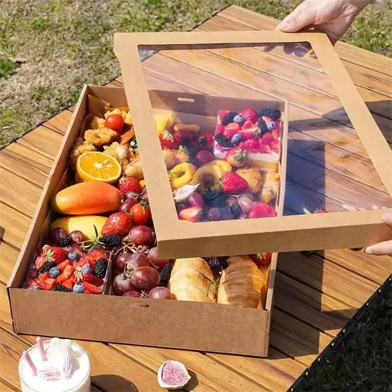 Picnic Kraft Paper Lunch Boxes Clear Windows Dessert Fruit Packing Food Container For Kitchen Restaurant Outdoor Party Event