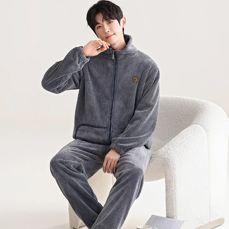 Thick Flannel Zipper Cardigan Men's Pajamas Set Autumn Winter Plus Velvet Long Sleeves Sleepwear Nightgown Warm Lounge Wear