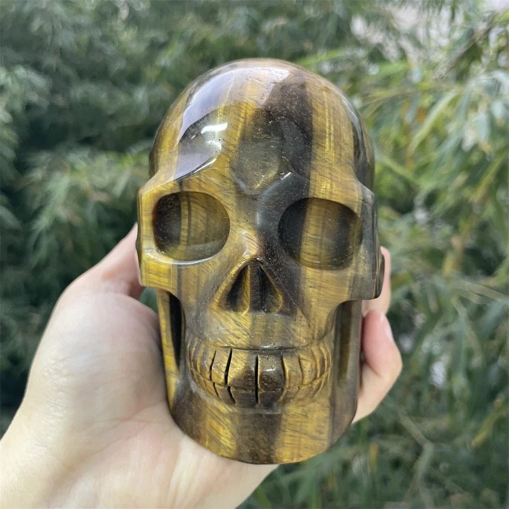 

Natural Tiger's Eye Stone, Skull, Quartz Crystal Yellow Ore Carved Skull Head, Mineral Healing