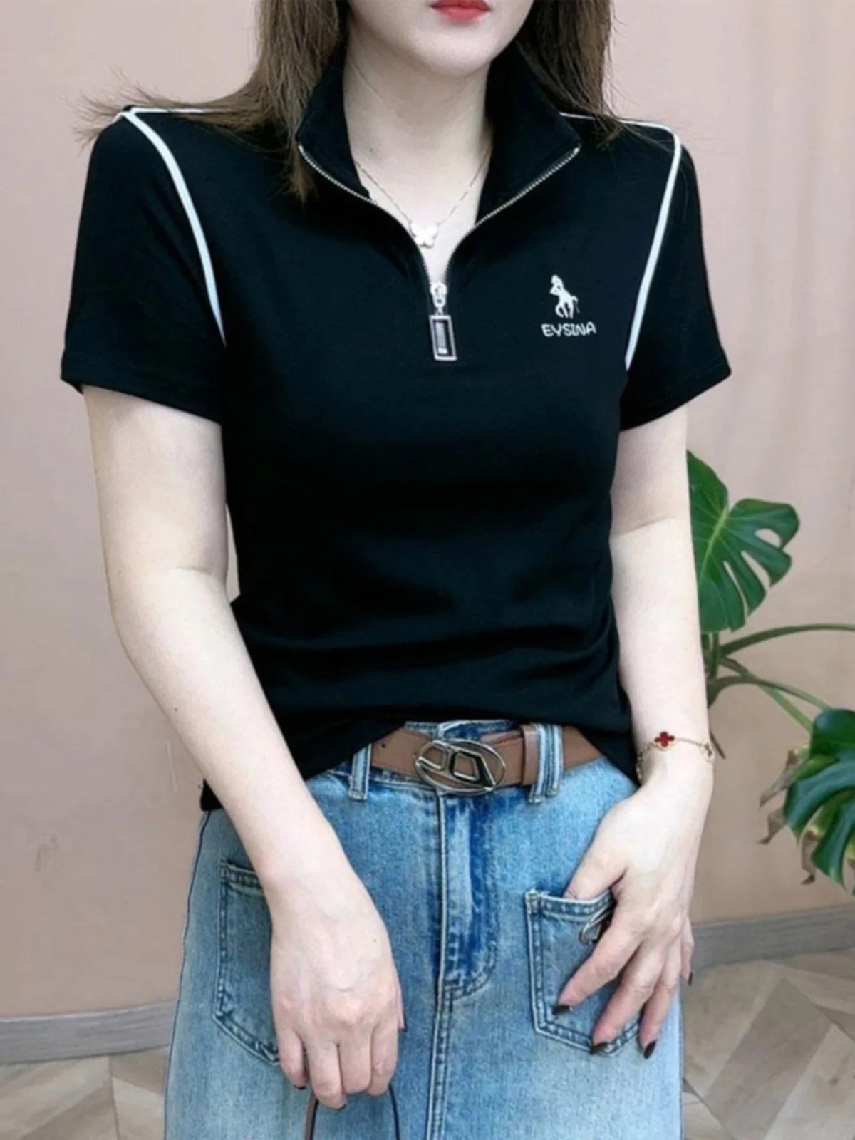 Faionable Slim Fit f Zip ort Sve Camiseta Feminina Base irt Versátil Sli Verão Nova Chegada Quente Fogo Beau