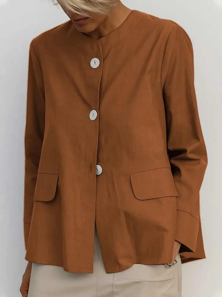 

New Fashion Long Sleeve Shirt Jackets Women 2025 Spring Fall Stand Collar Button Up Outwear Solid Work Coats Casual Loose Jacket