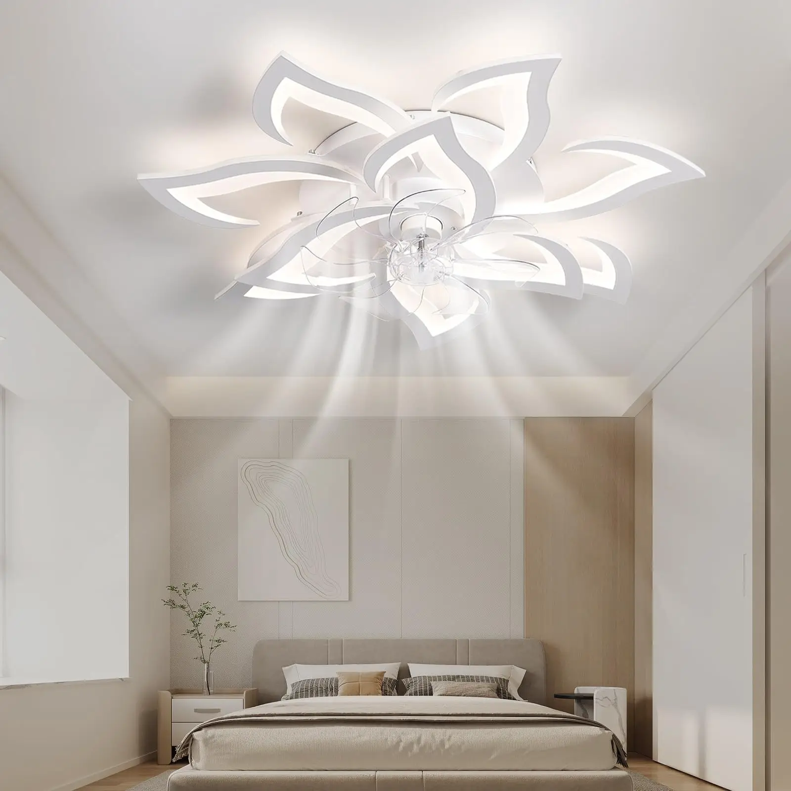 Luz de ventilador LED moderna, diseño creativo, lámpara de techo con cabezal móvil de 360 grados, iluminación de ventilador integrada para decoración de dormitorio y sala de estar