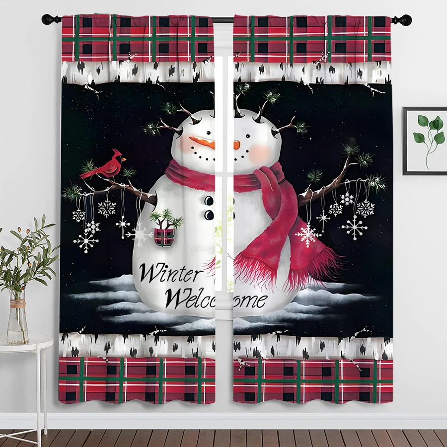 2PCS Christmas Winter Curtains, Snowman Plaid, Digital Print, Bedroom Living Room Kitchen, Rod Pocket Polyester, Home Decor