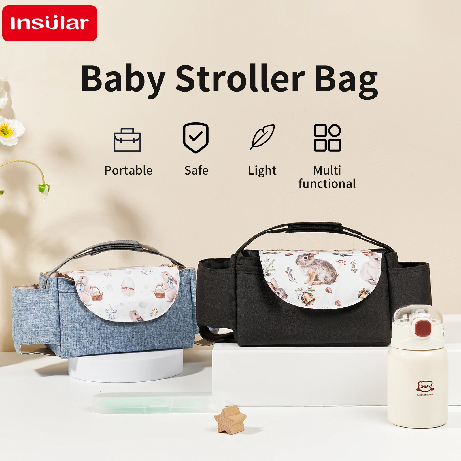 Portable Waterproof Stroller Hanging Bag Cute Print Mommy Pack for Diaper Bottle Storage Baby Cartoon Design Nappy Organizer