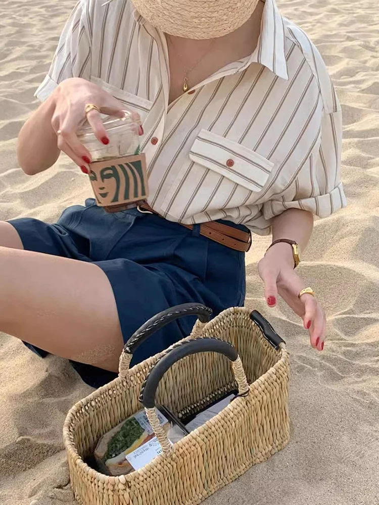 คลาสสิกเก๋ฤดูร้อน Vintage ort Sve หลวม Fit ปุ่มผู้หญิง irt Retro ลาย ket อเนกประสงค์ Casual Busin Sle