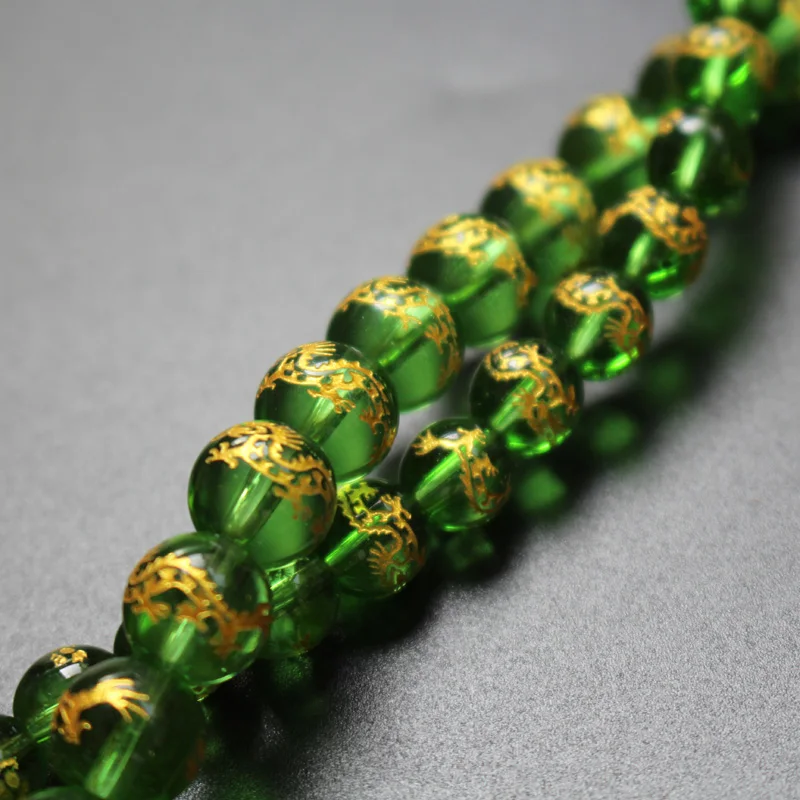10Piece/lot 8mm 10mm Glass Beads Green Color with Carving Gold Dragon  Fashion Beads For Jewelry Making