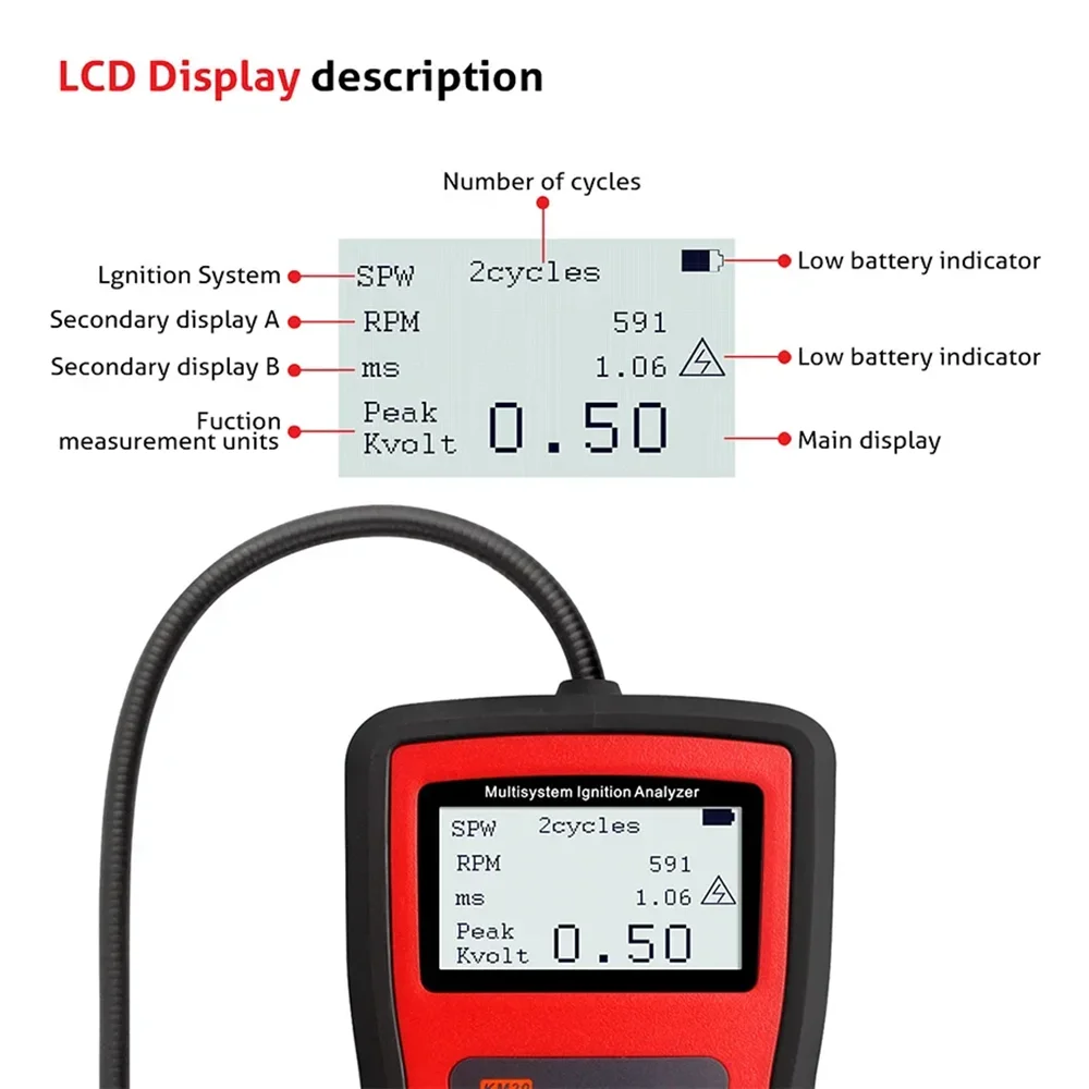 

KM20 Многосистемные инструменты Анализатор зажигания Тестер Измерение напряжения зажигания Тестер свечей зажигания Высоковольтное обнаружение автомобильной катушки