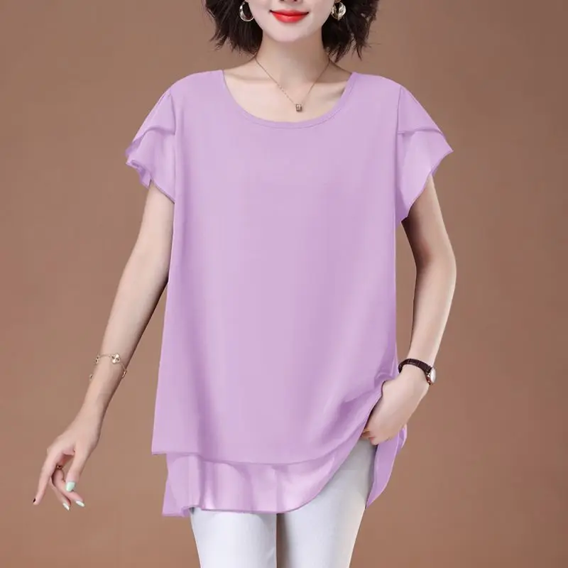 

Short-sleeved Chiffon Blouse for Women New Summer Korean Fashionable Loose Elegant Solid Color Versatile Medium Length