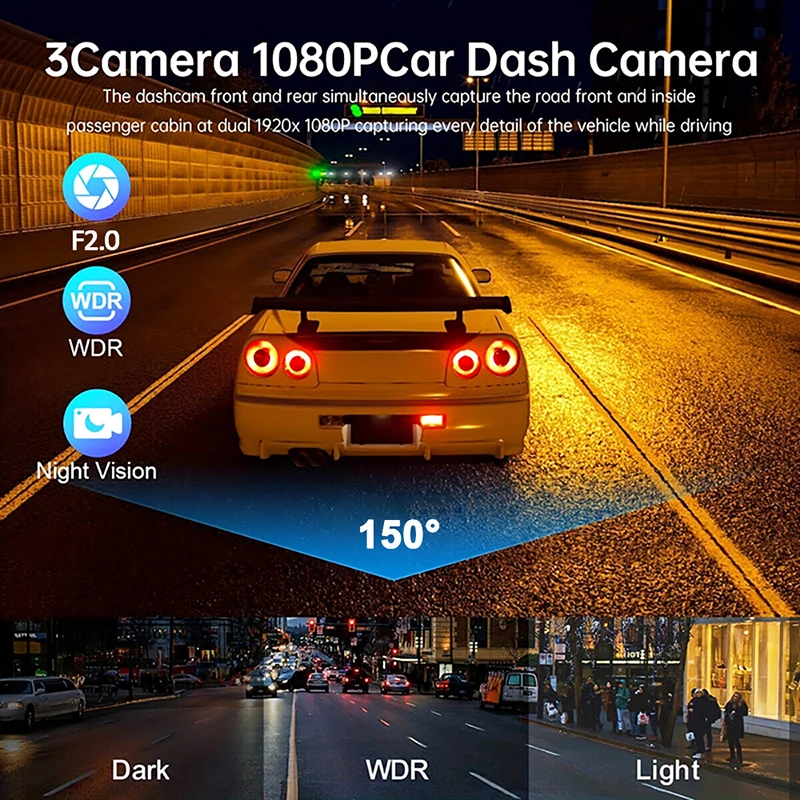 Dash Cam para carros, gravador de vídeo, caixa preta, câmera de visão traseira, monitor de estacionamento do veículo, montagem do carro, 3 lentes, DVR, 1080P, 4