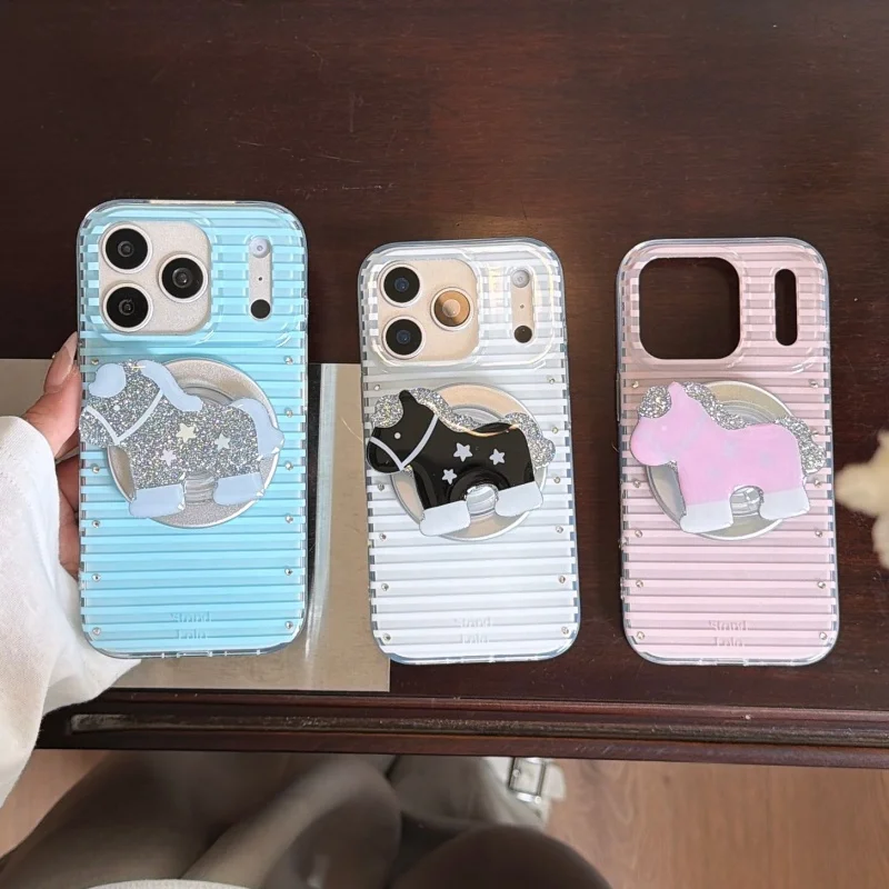 

Fashion Cute Diamond Solid Color Stripes Magnetic Phone Case For iPhone 17 Pro 16 15 14 Pro Max Cover with Horse Stand Cases Fun
