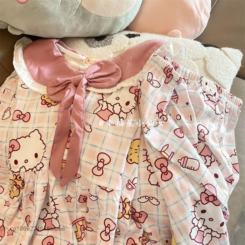 Sanrio-Pijama con estampado de Hello Kitty para mujer, conjunto de ropa de casa con pantalones de manga larga, color rosa, Kawaii, Y2k, primavera y