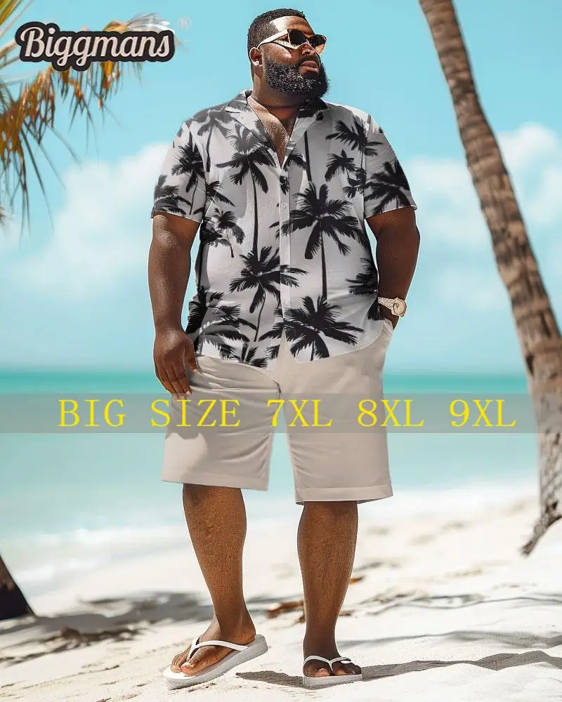 

Biggmans Shirt Plus Size Set L-9Xl for Summer Oversize Hawaii Suit Men's Gradient Coconut Tree Print Large 7XL 8XL