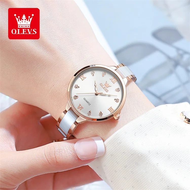 OLEVS 5872 ساعة نسائية ماركة فاخرة ساعة كوارتز مقاوم للماء حزام السيراميك ساعة ماسية موضة أصلية هدية Reloj Mujer الشهيرة